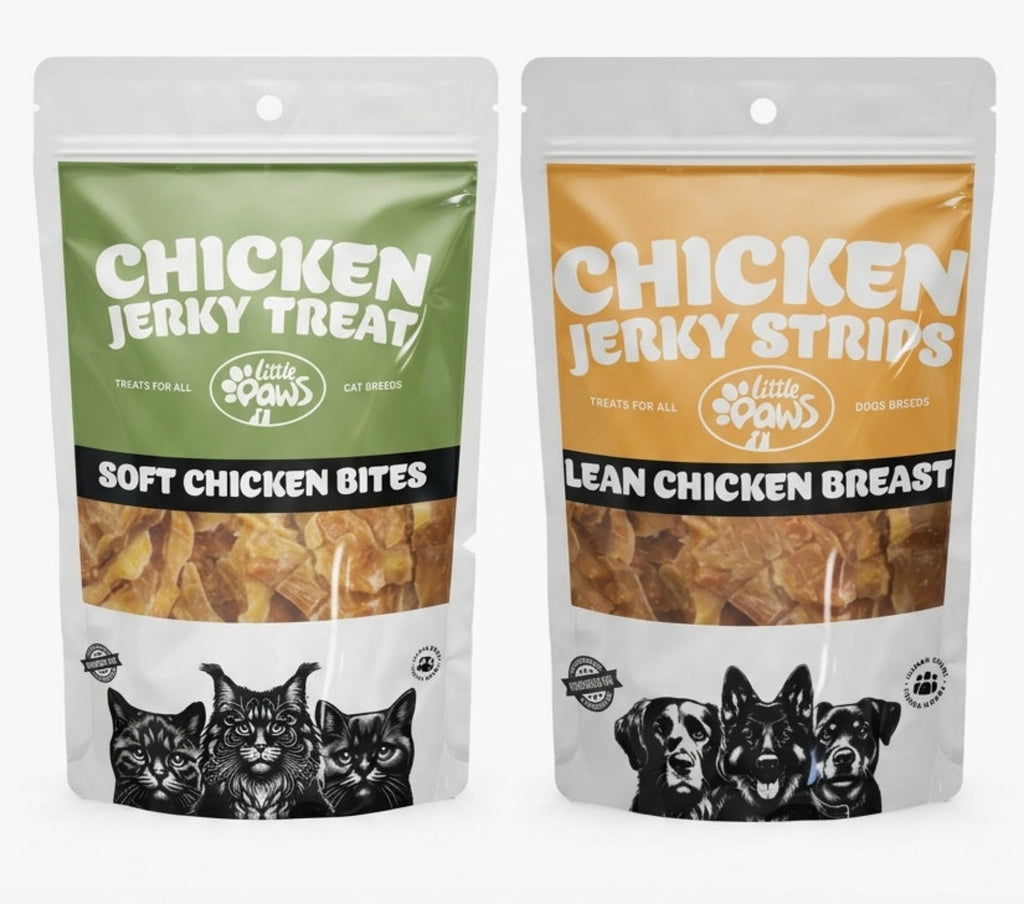 Little Paws natural chicken jerky pet treats in green cat bites bag and yellow dog strips bag